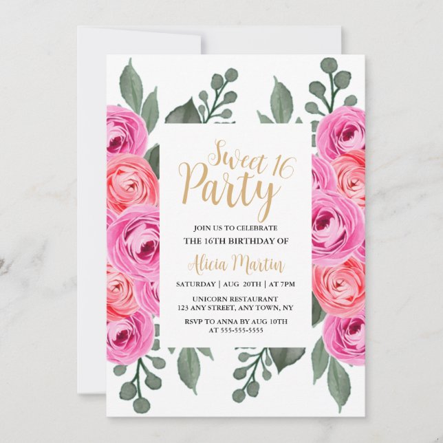 Chic Dusty Pink Rose Greenery Gold Sweet 16 Party Invitation (Front)