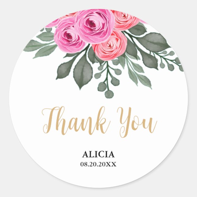 Chic Dusty Pink Rose Greenery Thank You Classic Round Sticker (Front)