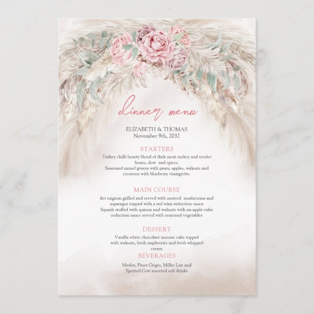 Chic dusty pink roses sage greenery pampas menu (Front)