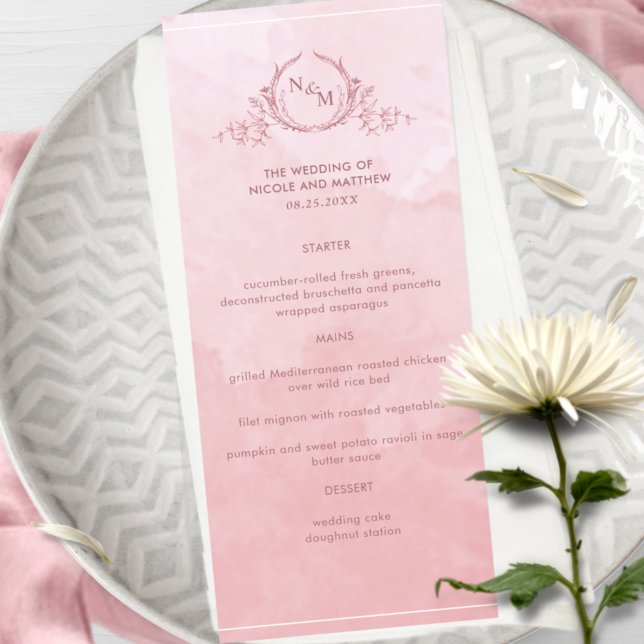 Chic Dusty Rose aquarelle, Monogram Mariage Menu (Créateur téléchargé)