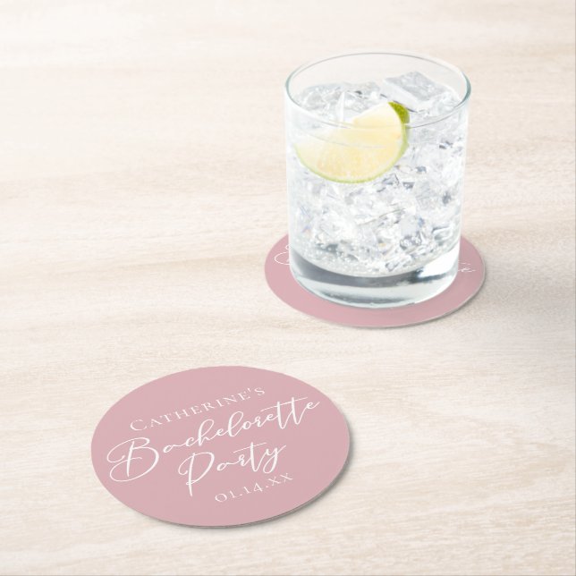 Chic Dusty Rose Pink Bachelorette Party Custom Round Paper Coaster (Insitu)