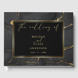 Chic Ebony Black Marbled with Gold Diamond Guest Book
