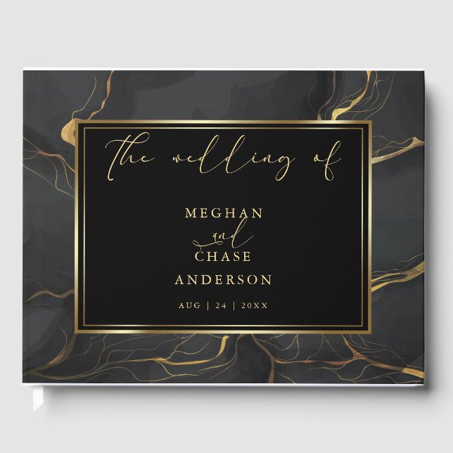 Chic Ebony Black Marbled with Gold Diamond Guest Book (Front)