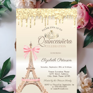 Chic Eiffel Tower Bow Drips Gold Quinceañera  Invitation