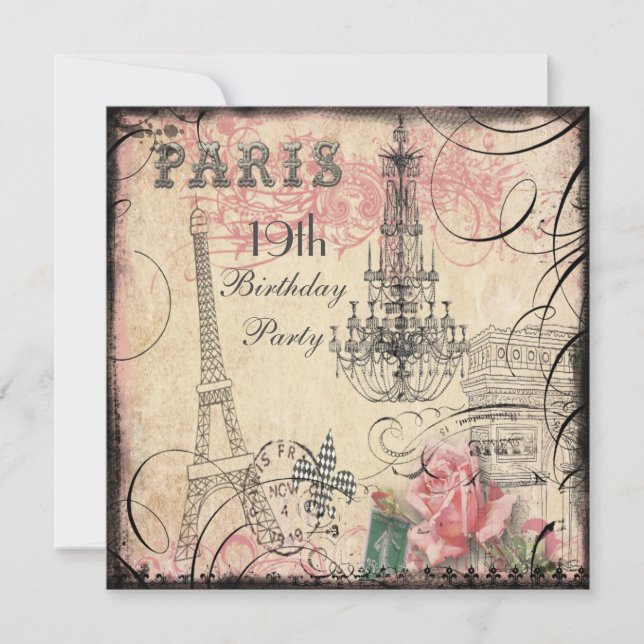 Chic Eiffel Tower & Chandelier 19th Birthday Invitation (Front)