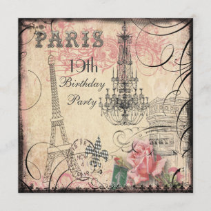 Chic Eiffel Tower & Chandelier 19th Birthday Invitation