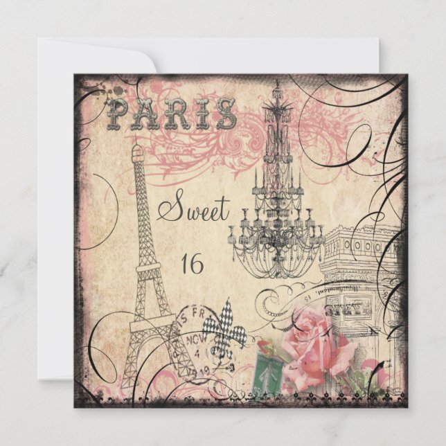 Chic Eiffel Tower & Chandelier Sweet 16 Invitation (Front)