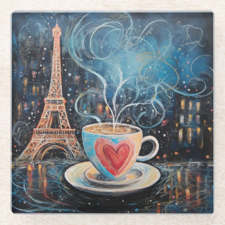 Chic Eiffel Tower Heart Cafe Coffee Chalk Paris Glass Coaster