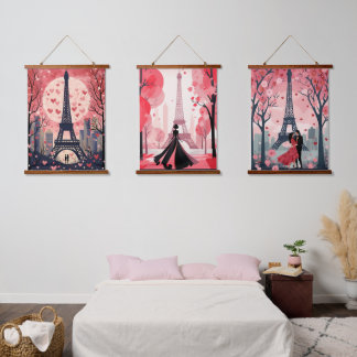 Chic Eiffel Tower Modern Paris Full Moon Hearts Hanging Tapestry