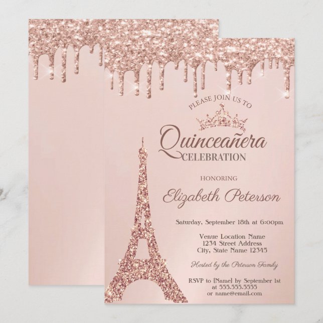 Chic Eiffel Tower,Rose Gold Drips Quinceañera  Invitation (Front/Back)