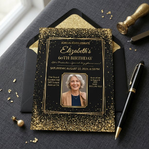 Chic Elegant Black and Gold Glitter 60th Birthday Invitation