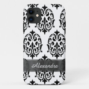 Chic elegant black and white personalized damask iPhone 11 case