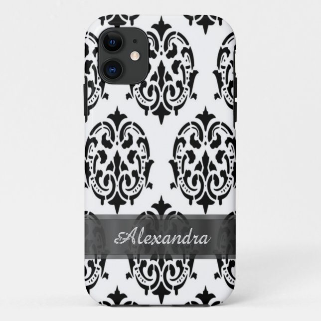 Chic elegant black and white personalized damask Case-Mate iPhone case (Back)