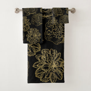 Chic Elegant Black Gold Line Drawn Flower Pattern Bath Towel Set