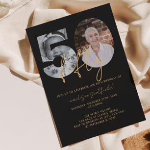 Chic Elegant Black Gold Photo Script 50th Birthday Invitation
