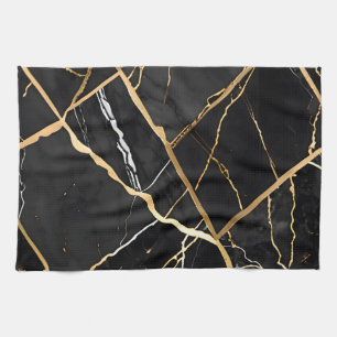 Chic Elegant black golden yellow Faux Marble  Kitchen Towel