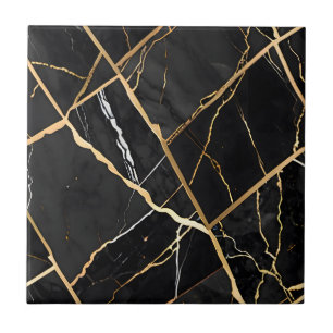 Chic Elegant black golden yellow Faux Marble Tile
