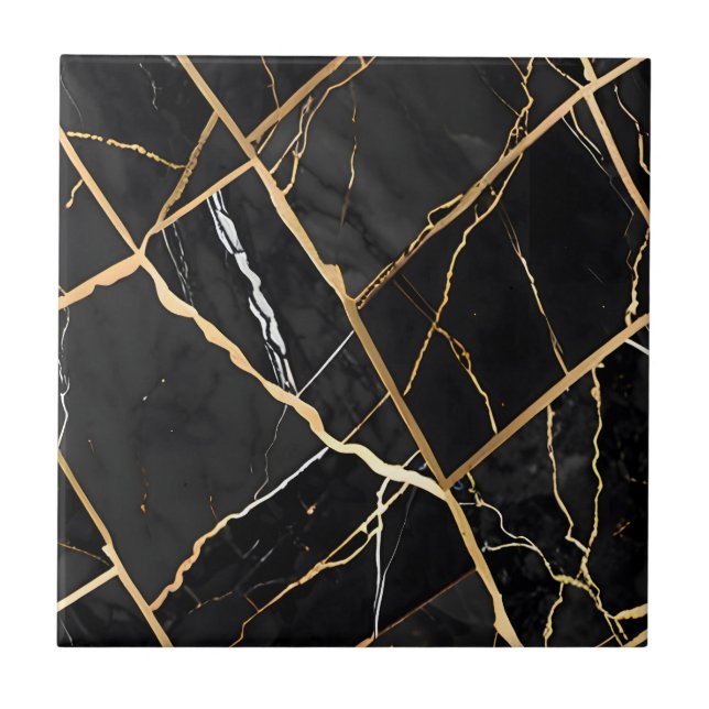 Chic Elegant black golden yellow Faux Marble  Tile (Front)