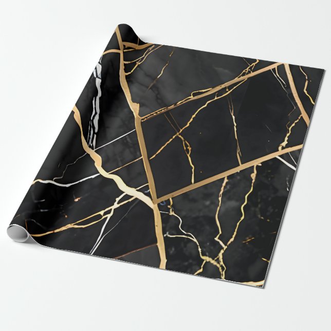 Chic Elegant black golden yellow Faux Marble  Wrapping Paper (Unrolled)