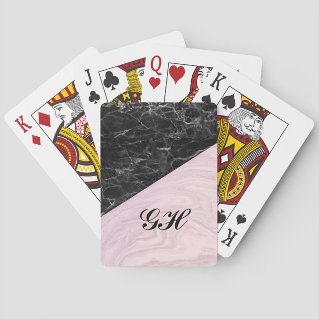 Chic Elegant Black Pink Marble Monogrammed Playing Cards (Back)