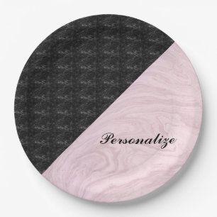 Chic Elegant Black Pink Marble Personalized Paper Plate