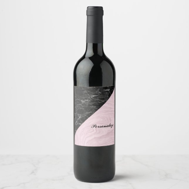 Chic Elegant Black Pink Marble Personalized Wine Label (Front)
