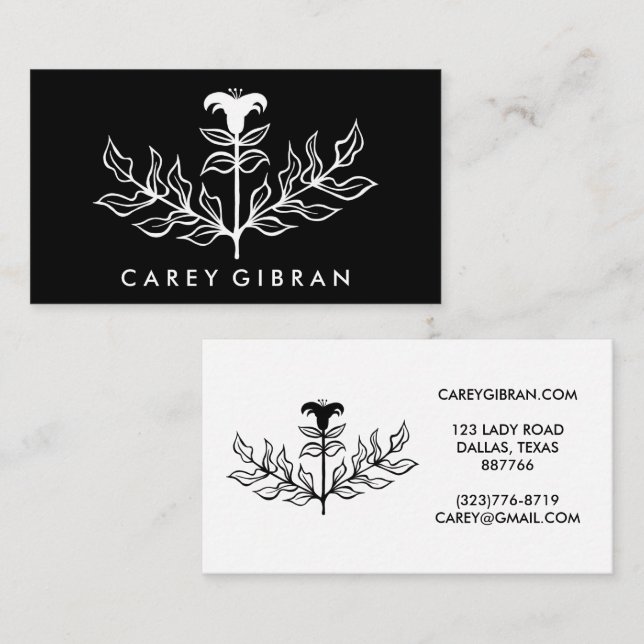 Chic Elegant Black White Lily Line Drawing CUSTOM Business Card (Front/Back)