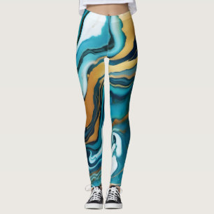 Chic Elegant blue green gold Faux Marble Leggings
