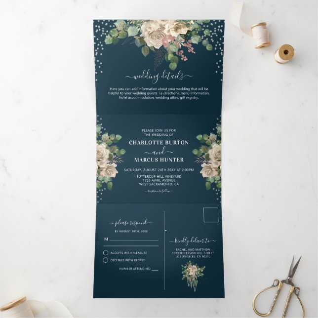 Chic Elegant Blush Florals & Navy Tri-Fold Wedding (Inside)