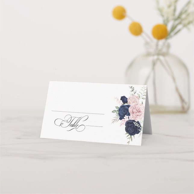 Chic Elegant Blush Navy Blue Wedding  Place Card (Front)