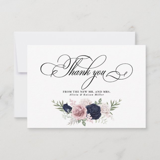  Chic Elegant Blush Navy Blue Wedding  Thank You Card (Front)