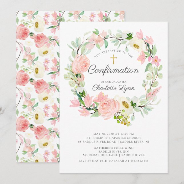 Chic & Elegant Blush Pink Floral Confirmation Invitation (Front/Back)