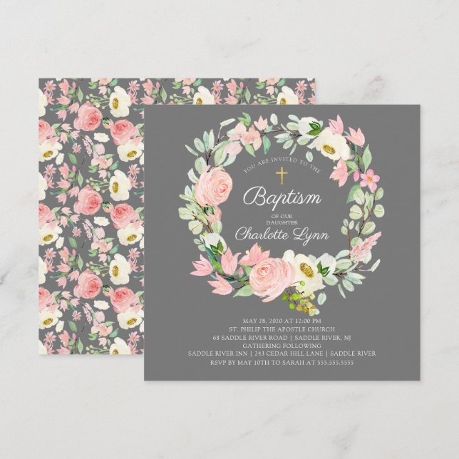 Chic & Elegant Blush Pink Floral Girls Baptism Invitation (Front/Back)
