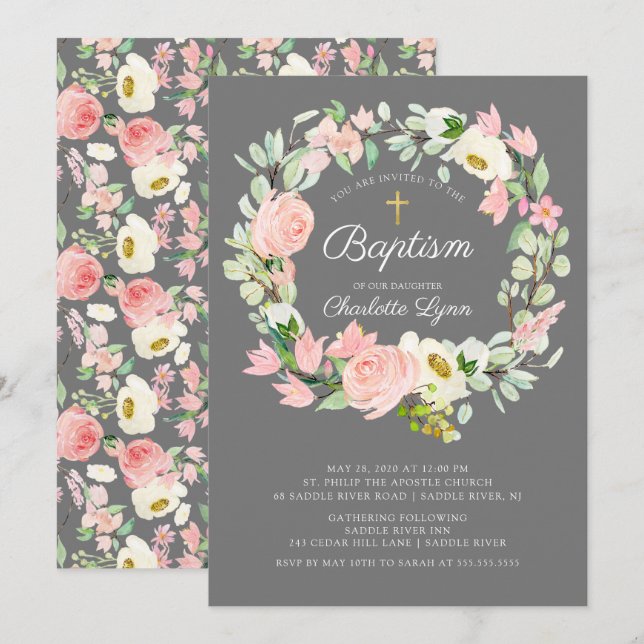 Chic & Elegant Blush Pink Floral Girls Baptism Invitation (Front/Back)
