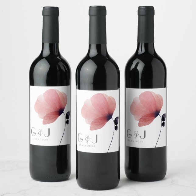 Chic Elegant Blush Watercolor Poppy Monogram  Wine Label (Bottles)