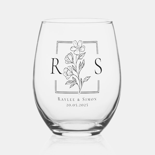 Chic Elegant Boho Floral Monogrammed Initial Stemless Wine Glass (Front)