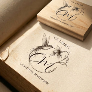 Chic Elegant Botanical Ex Libris Hummingbird Name Rubber Stamp