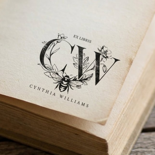 Chic Elegant Botanical Honey Bee Ex Libris Rubber Stamp (Creator Uploaded)