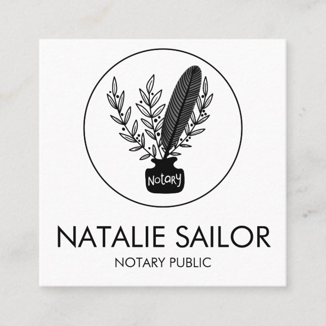 Chic Elegant Botanical Quill Logo Notary Public  Square Business Card (Front)