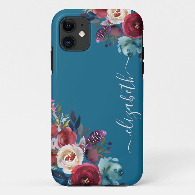 Chic Elegant Burgundy Pink Navy Floral Name Case-Mate iPhone Case (Back)