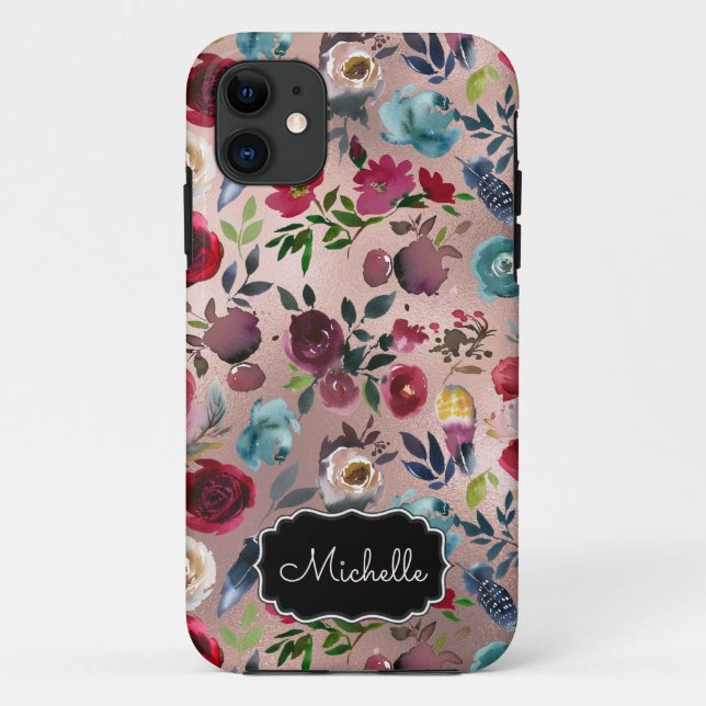 Chic Elegant Burgundy Pink Navy Floral Name Case-Mate iPhone Case (Back)