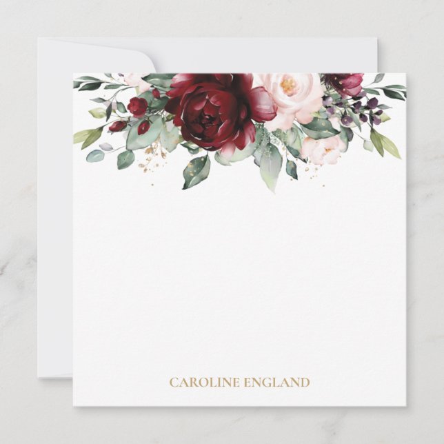 Chic Elegant Burgundy Red Pink Blush Floral Card (Front)