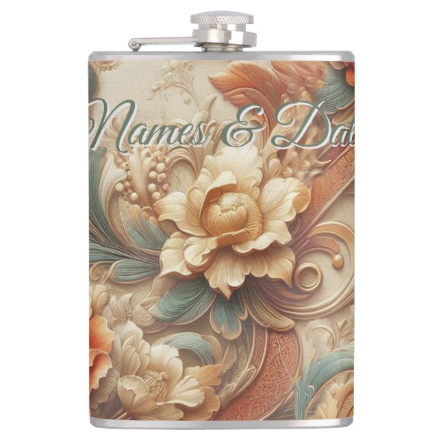 Chic,Elegant Creams & leather flower texture look Hip Flask (Front)