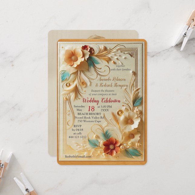 Chic, Elegant Creams & leather flower texture look Invitation (Front/Back In Situ)