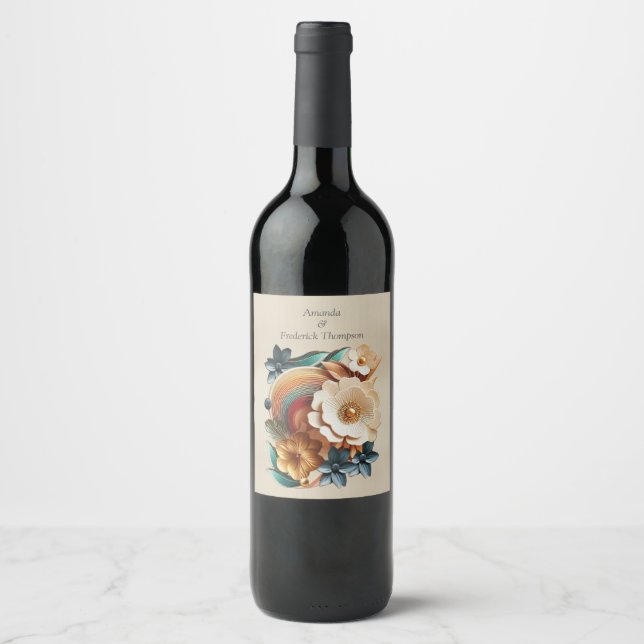 Chic, Elegant Creams & leather flower texture look Wine Label (Front)