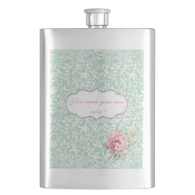 Chic Elegant  Damask, Roses,Motivational Message Hip Flask (Front)