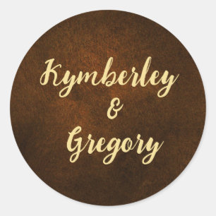 Chic Elegant Dark Brown Textured Gold Accent  Classic Round Sticker