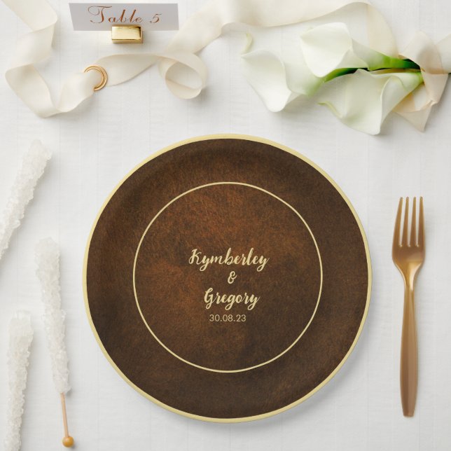 Chic Elegant Dark Brown Textured Gold Accent  Paper Plate (Wedding)