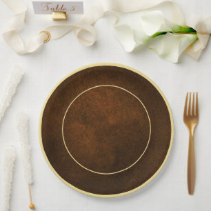 Chic Elegant Dark Brown Textured Gold Accent  Paper Plate