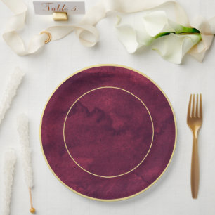 Chic Elegant Dark Burgundy Watercolor Gold Accent  Paper Plate
